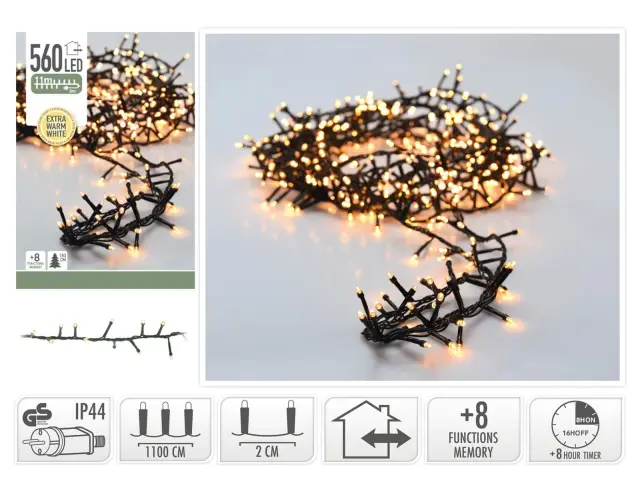 560 Φωτάκια LED - 11 Μέτρα + 3 Μέτρα σύνδεσης, Κανονική Διάταξη, με χειριστήριο, 8 προγράμματα, Πράσινο καλώδιο PVC - Extra Θερμό Λευκό AX8560310