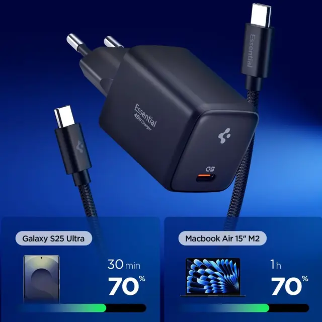 SPIGEN EE451EU ESSENTIAL 1-PORT NETWORK CHARGER 45W + TYPE-C CABLE BLACK 2