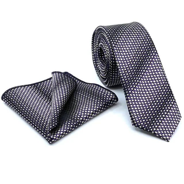 Βιολετί - Μπλε Σχεδιαστική Γραβάτα Microfiber Σετ με Μαντήλι
