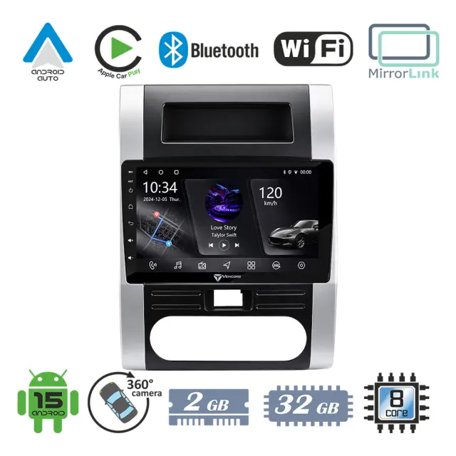 VenCore Οθόνη Multimedia Android 15 10.1" PX5S Octa-Core 2GB/32GB IPS με Πρόσοψη, CarPlay, Android Auto και Υποστήριξη Κάμερας 360° για Nissan X-Trail 2007-2013 – Ασημί (3236-10006-0223S)