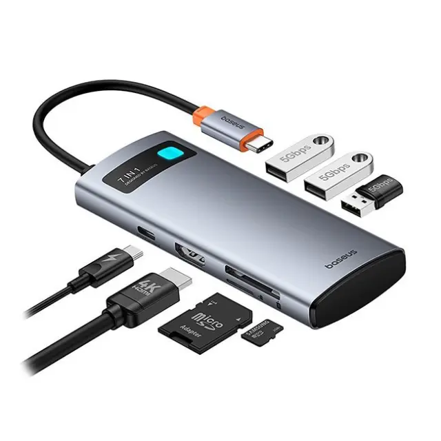 Baseus Docking Station Metal Gleam 7in1 HDMI 4K 60Hz USB-C Hub 3x USB 3.0 USB-C PD SD & microSD Gray