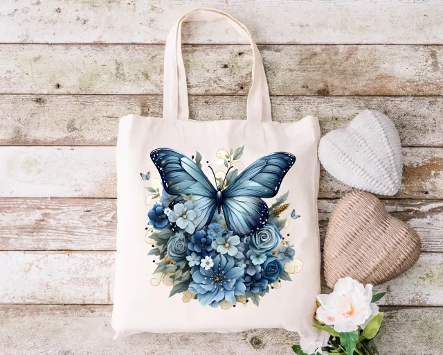 Τσάντα πάνινη υφασμάτινη εκρού με σχέδιο BLUE BUTTERFLY διαστάσεις: 38x40cm μαζί με τα χερούλια 38x70cm