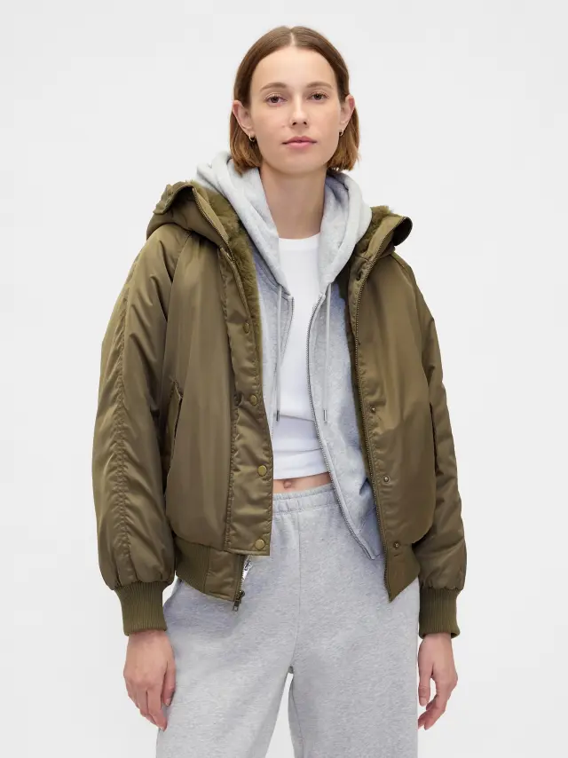 Πανωφόρι με Κουκούλα Utility με Επένδυση από Γούνα Olive green
