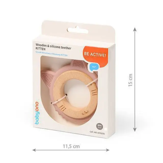 Ορθοδοντικό Μασητικό Σιλικόνης με Ξύλο Kitten Babyono Pink 1076/02 2