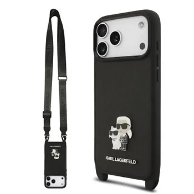 Karl Lagerfeld Saffiano Crossbody Strap Metal Karl and Choupette Case for iPhone 17 Pro Black