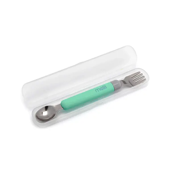 Melii Κουτάλι & Πιρούνι σε θήκη Spork On the Go Mint/Grey MEL11250