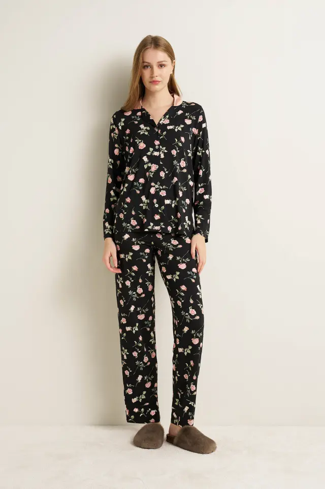 Vamp Γυναικεία Πιτζάμα Micromodal Σεμιζιέ Floral Black
