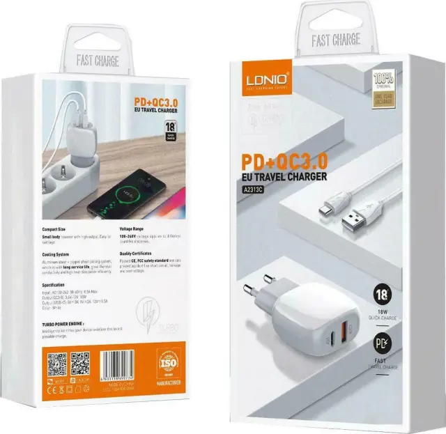 Ldnio Φορτιστής με Θύρα USB-A και Θύρα USB-C και Καλώδιο Lightning 18W Quick Charge 3.0 / Power Delivery (A2313C) 3