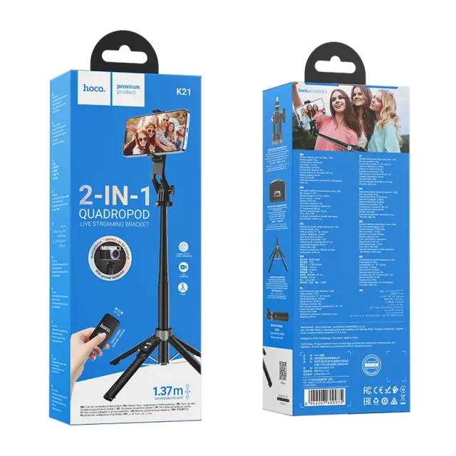 Selfie Stick Hoco K21 Stream για Συσκευές 4.5"-7.0" 55mAh Ύψος 1.37m με Τηλεχειριστήριο Μαύρο 2