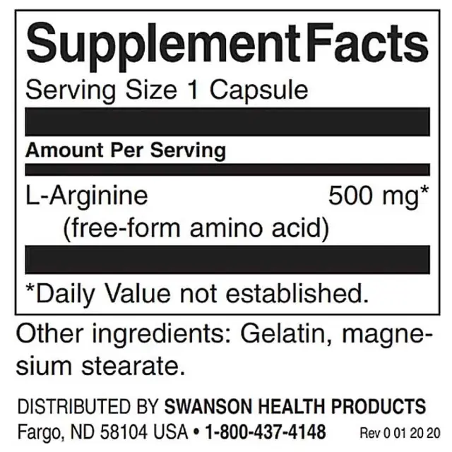 Swanson L-Arginine 500mg 100 Caps (087614018522) 2