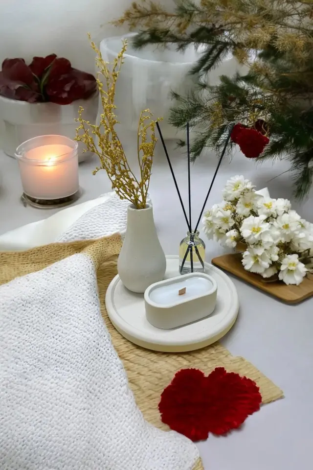 Stewehome Διακοσμητικό βάζο σταγόνα στρογγυλό πιάτο μπαμπού κηροπήγιο με φυτίλι άρωμα χώρου Λευκό 20x8 cm 3