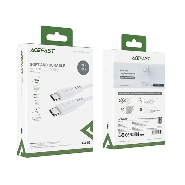 Καλώδιο Acefast C3-03 USB-C σε USB-C 3A 60W Braided Λευκό 1.2m 2