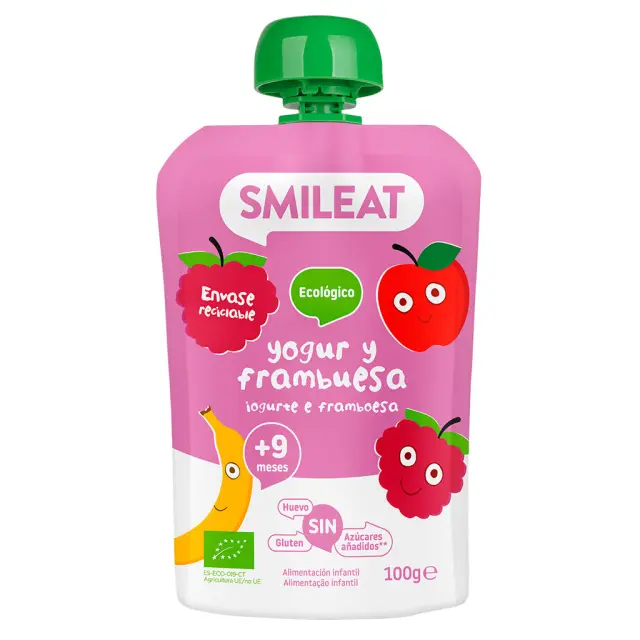 Smileat, Πουρές Φρούτων σε Pouch, Βιολογικής Προέλευσης, Γιαούρτι και Raspberry, Χωρίς Γλουτένη, 100gr
