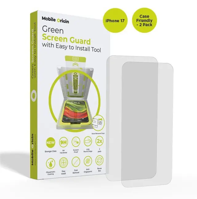 Mobile Origin Screen Guard with easy applicator, case friendly, 2 pack - iPhone 17