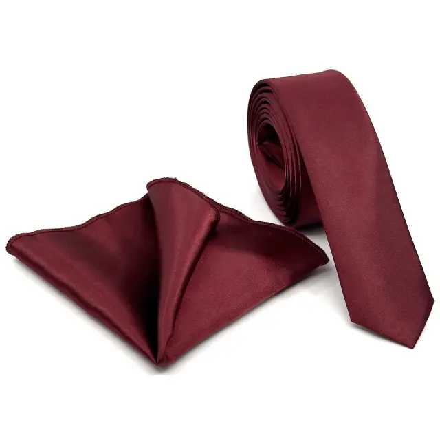 Μπορντό Γραβάτα Σατέν Glossy Slim 4,5 cm με Ασορτί Μαντήλι 2
