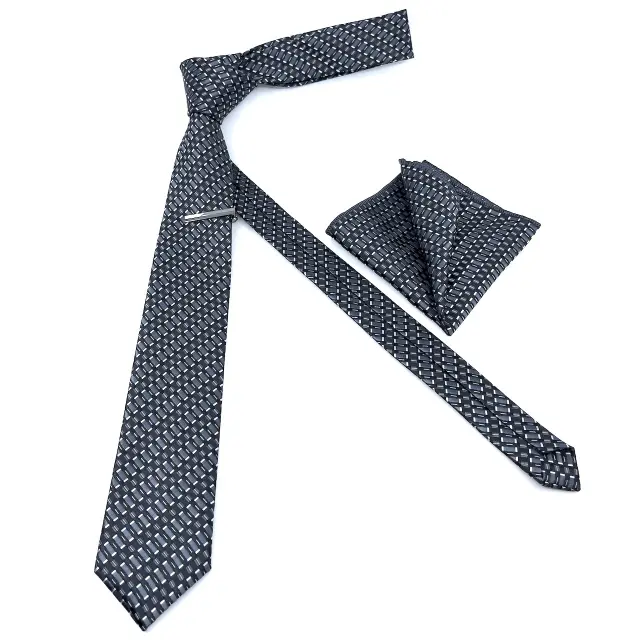 Γκρι Γραβάτα με Υφαντό Μοτίβο Σετ με Μαντήλι 2