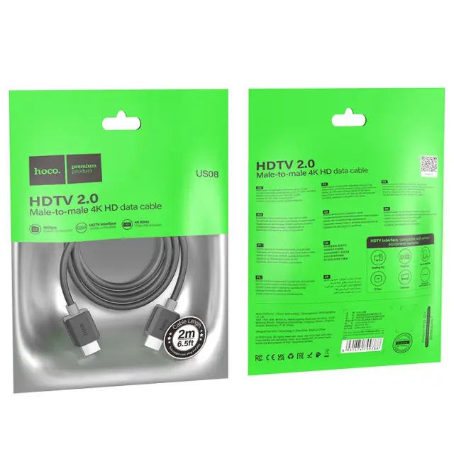 Καλώδιο Hoco US08 HDMI 2.0 σε HDMI 4K 60Hz HD 18Gbps Μαύρο 2m 2