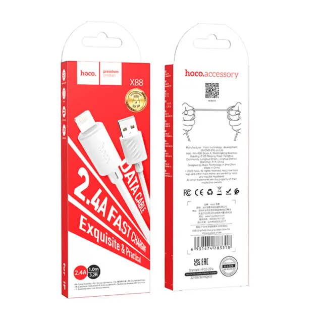 Καλώδιο Hoco X88 Gratified USB-A σε Lightning 2.4A Λευκό 2m 2