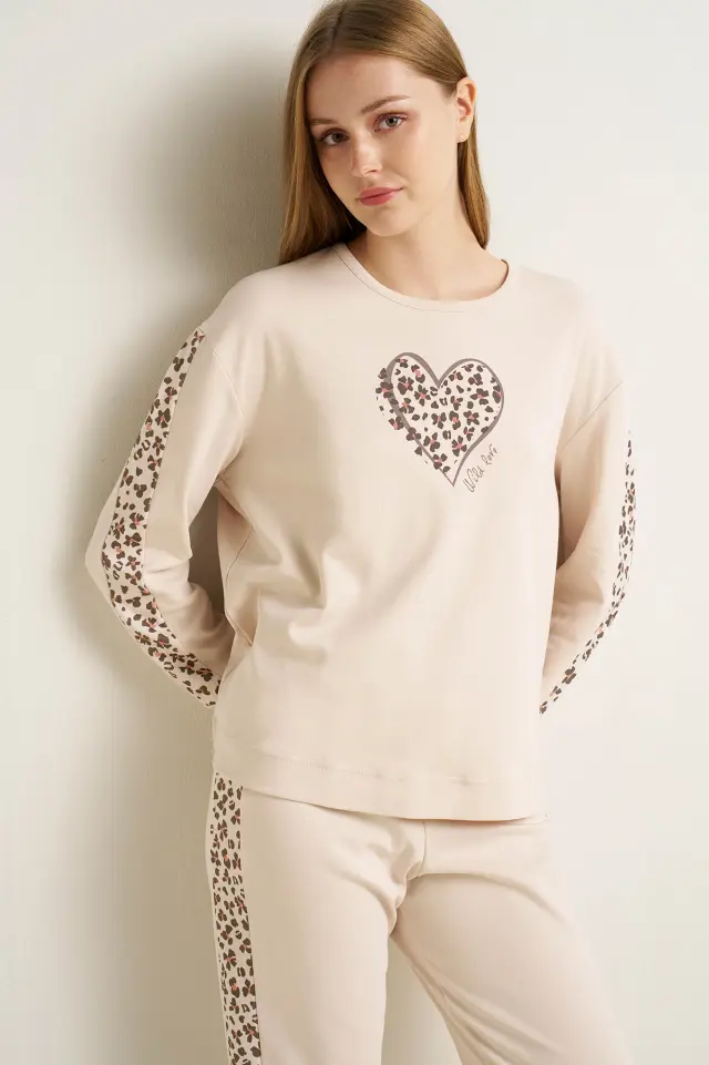 Vamp Γυναικεία Βαμβακερή Πιτζάμα Μπεζ Κρεμ Με Animal Print