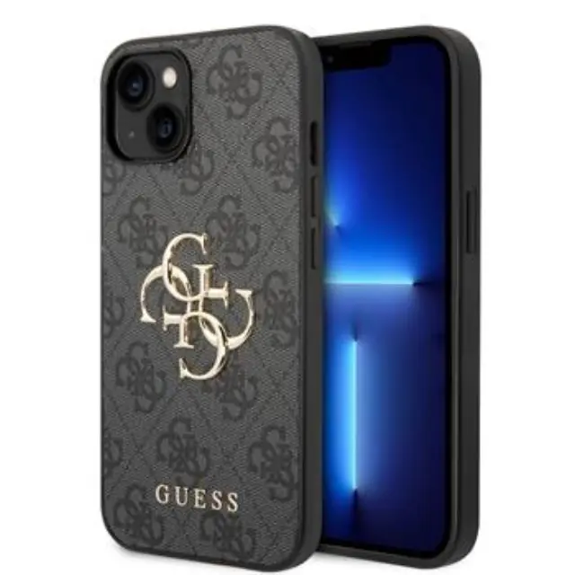Guess PU 4G Metal Logo Case for iPhone 15 Grey