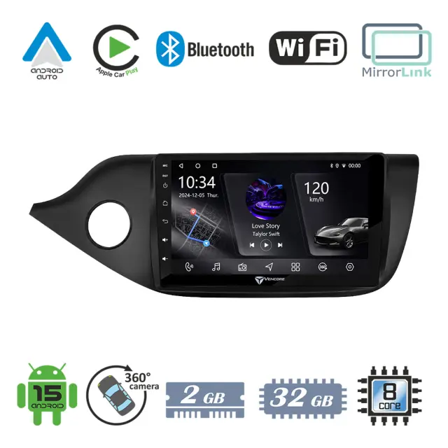 VenCore Οθόνη Multimedia Android 15 9" PX5S Octa-Core 2GB/32GB IPS με Πρόσοψη, CarPlay, Android Auto και Υποστήριξη Κάμερας 360° για Kia Ceed 2013-2017 – Μαύρη (3236-10005-0610B)
