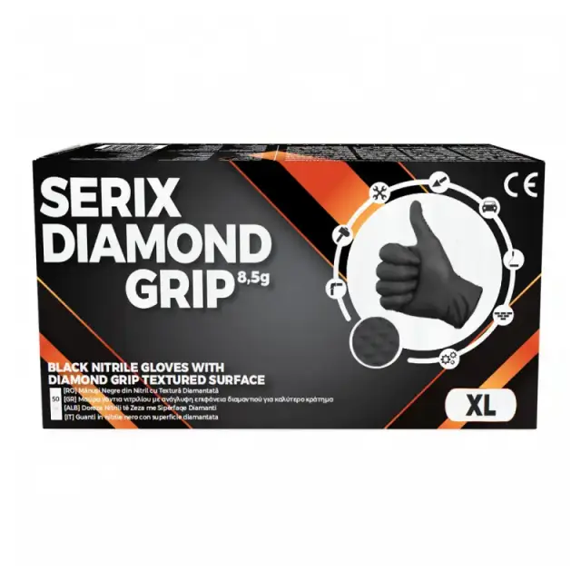 Γάντια Νιτριλίου Serix Diamond Grip Black 8,5 g, Μαύρα, Χωρίς Πούδρα (50 τεμ.) M