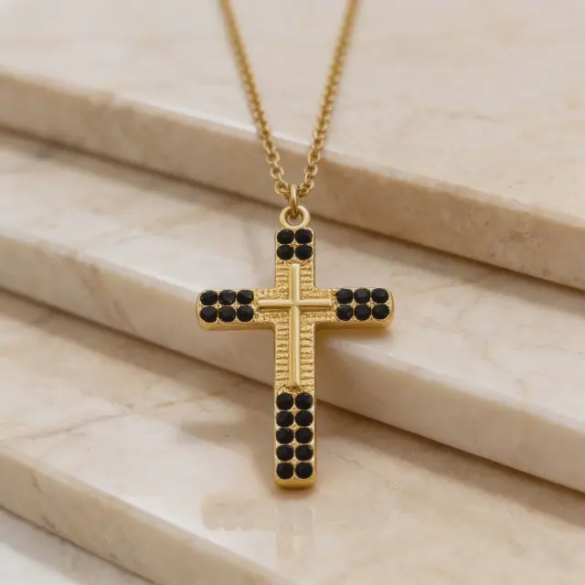 Gold Cross Necklace with Black Zircons