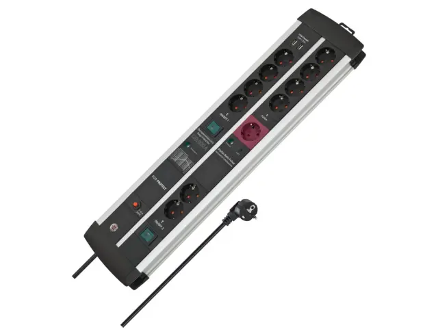 Πολύπριζο Ασφαλείας Premium Protect Line Brennenstuhl - 11x Schuko - 2x USB-A - 120000A - Με 2 Διακόπτες On/Off - Καλώδιο 3m - Ασημί / Μαύρο150143
