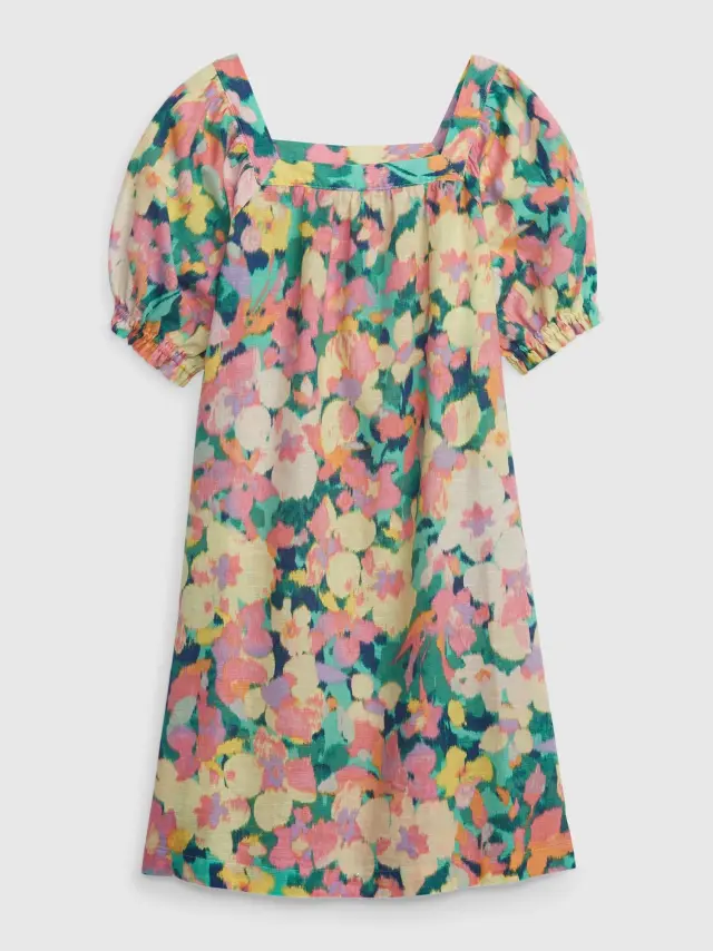 Multi Παιδικό Linen-Cotton Puff Sleeve Φόρεμα easter floral - XS