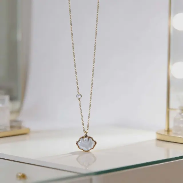 Gold Flower Necklace with Mother of Pearl & Crystal Accent