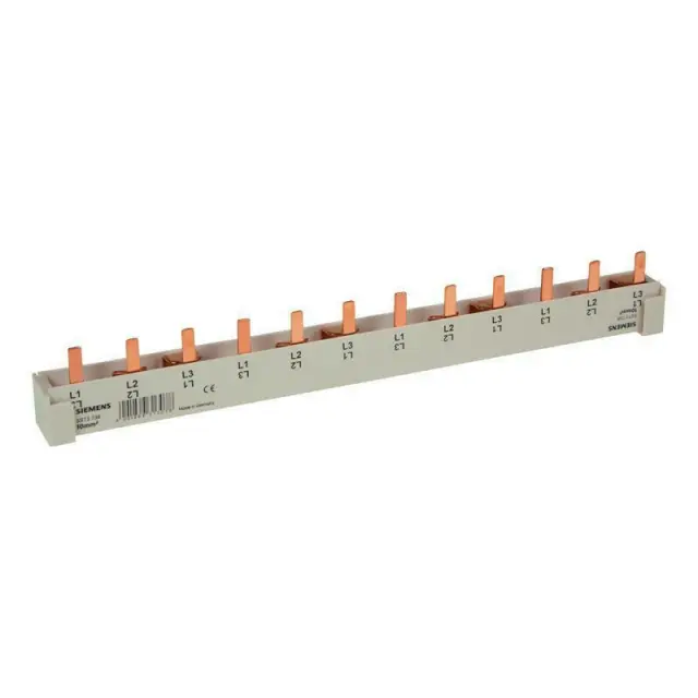 Pin busbar touch-safe, 10 mm2 3-phase, 214 mm long can be cut, with end caps