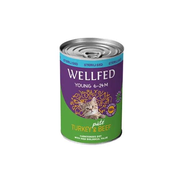 Wellfed Young Cat Sterilised Πατέ Με Γαλοπούλα & Μοσχάρι 400gr 11x7.5x7.5cm Μονόχρωμο