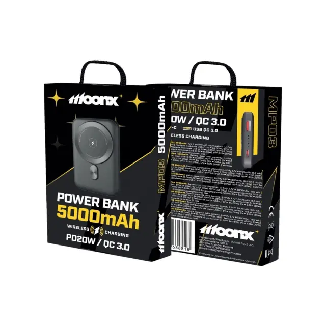 MOONX magnetic power bank MP03 PD 20W 1xUSB-C + 1xUSB QC3.0 22.5W 5000mAh black