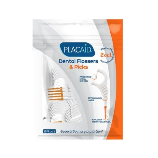 Plac Aid Dental Flosser & Picks Οδοντικό Νήμα με Λαβή Πορτοκαλί, 24 τεμάχια