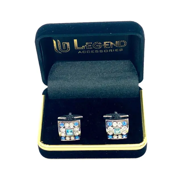 Ασημί Σχεδιαστικά Μανικετόκουμπα με Μπλε Zircon και Στρας – LGD-DK-09