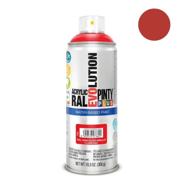 Pinty Plus Evolution Water-Based Gloss Σπρέι βαφής ακρυλικό με βάση το νερό 400ml Flame Red / RAL 3000