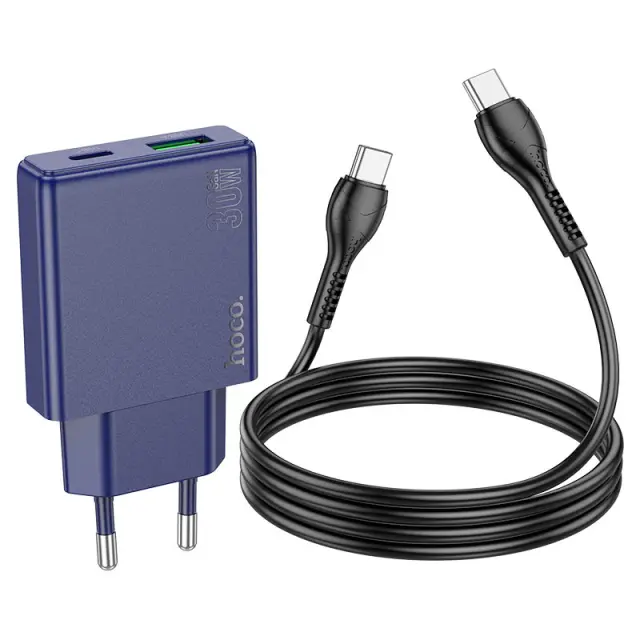 Hoco Φορτιστής με Θύρες USB-C, USB-A και Καλώδιο Type-C 30W Μπλε N45 2