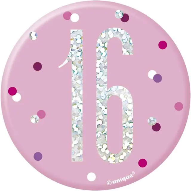 Κονκάρδα Pink and Silver Holographic 16th Birthday Badge / 7 εκ