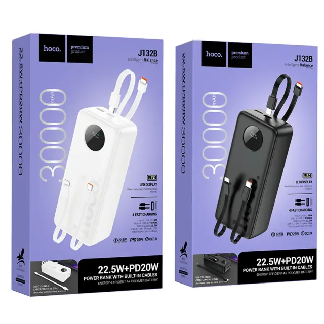 Hoco Power Bank 20000mAh με 2 Eνσωματωμένα Καλώδια Φόρτισης και Θύρες USB-A, USB-C Μαύρο J132B 3