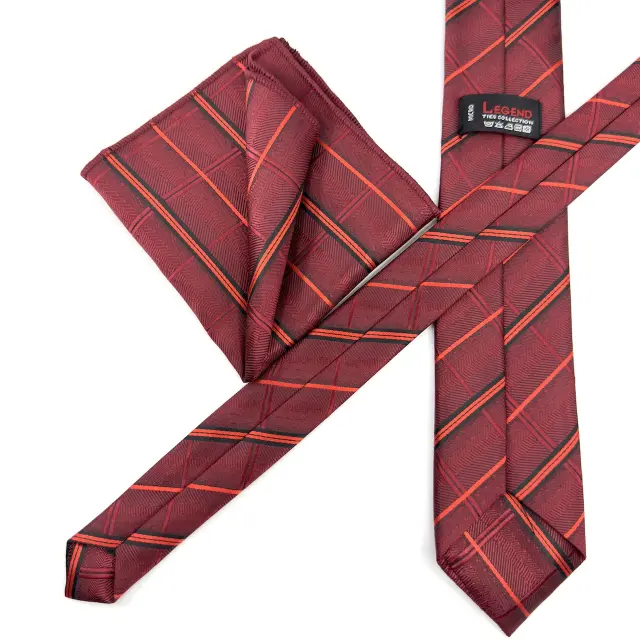 Κόκκινη Ριγέ Γραβάτα Microfiber Σετ με Μαντήλι 3