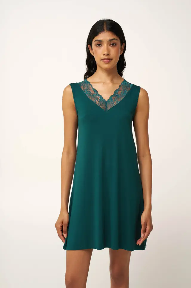 Καλοκαιρινό Νυχτικό Micromodal με Δαντέλα Vamp 24012 GREEN TEAL