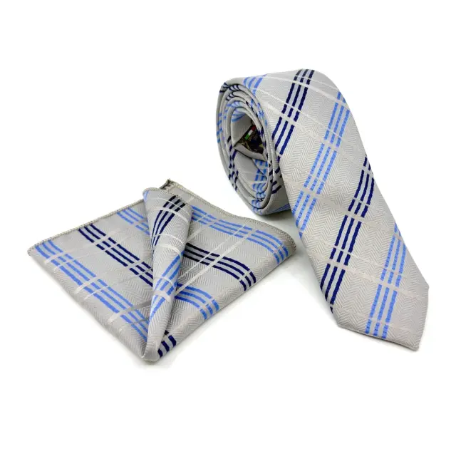 Ασημί–Μπλε Γραβάτα Καρό Microfiber Σετ με Μαντήλι 6,5 cm 3