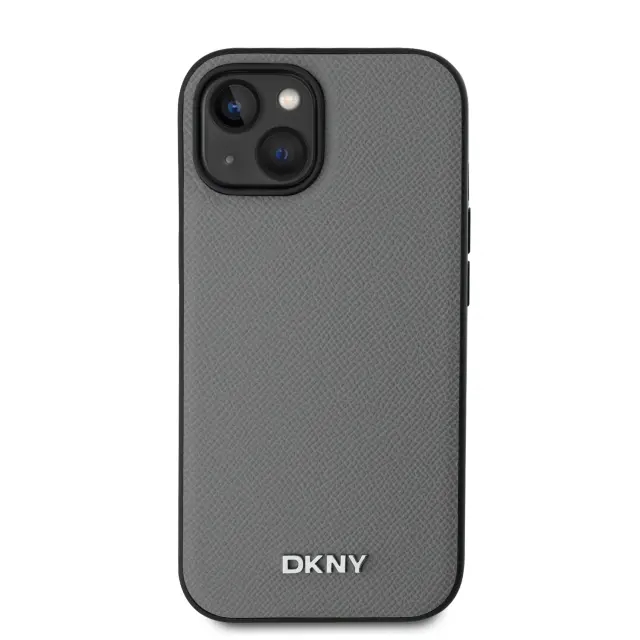DKNY PU Leather Silver Metal Logo Magsafe Case for iPhone 14 Grey 2