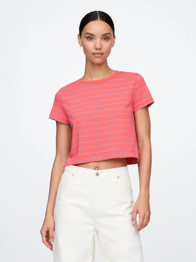 Οργανικό Βαμβάκι Vintage Cropped Μπλούζα Coral pink stripe