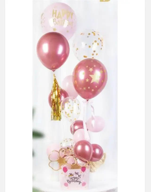 Σύνθεση μπαλονιών 17τμχ Happy Birthday με βάση στήριξης ΡΟΖ ΧΡΥΣΟ