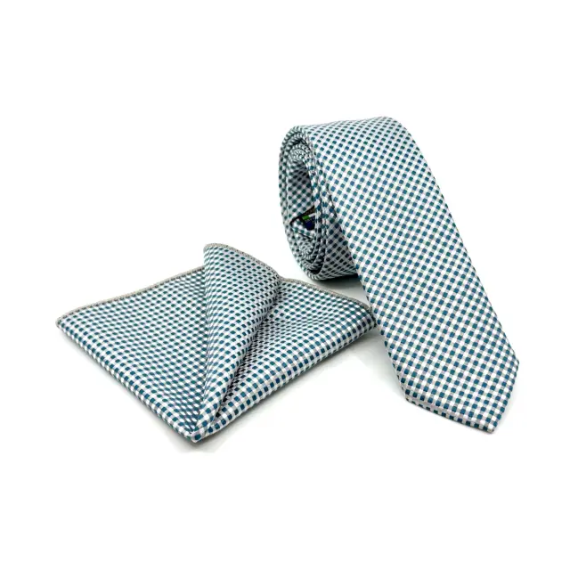 Μέντα–Navy Γραβάτα Μικρό Καρό Microfiber Σετ με Μαντήλι 6,5 cm