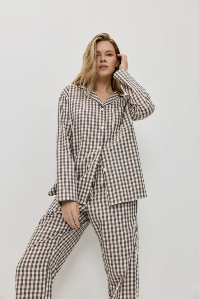 Aruelle Selin Βαμβακερή Flannel Πιτζάμα Πτι Καρό Καφέ