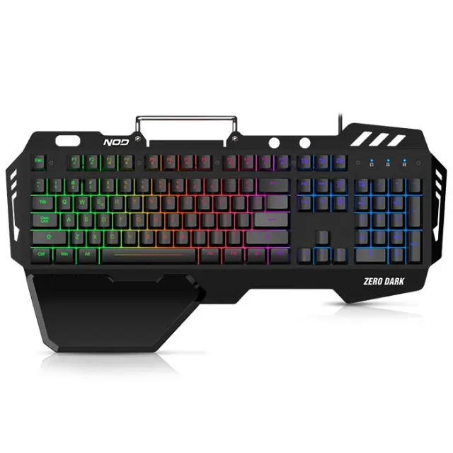 Ενσύρματο gaming πληκτρολόγιο με RGB LED οπίσθιο φωτισμό, μαύρη επιφάνεια από αλουμίνιο, μεγάλο palm rest και βάση στήριξης για το κινητό.