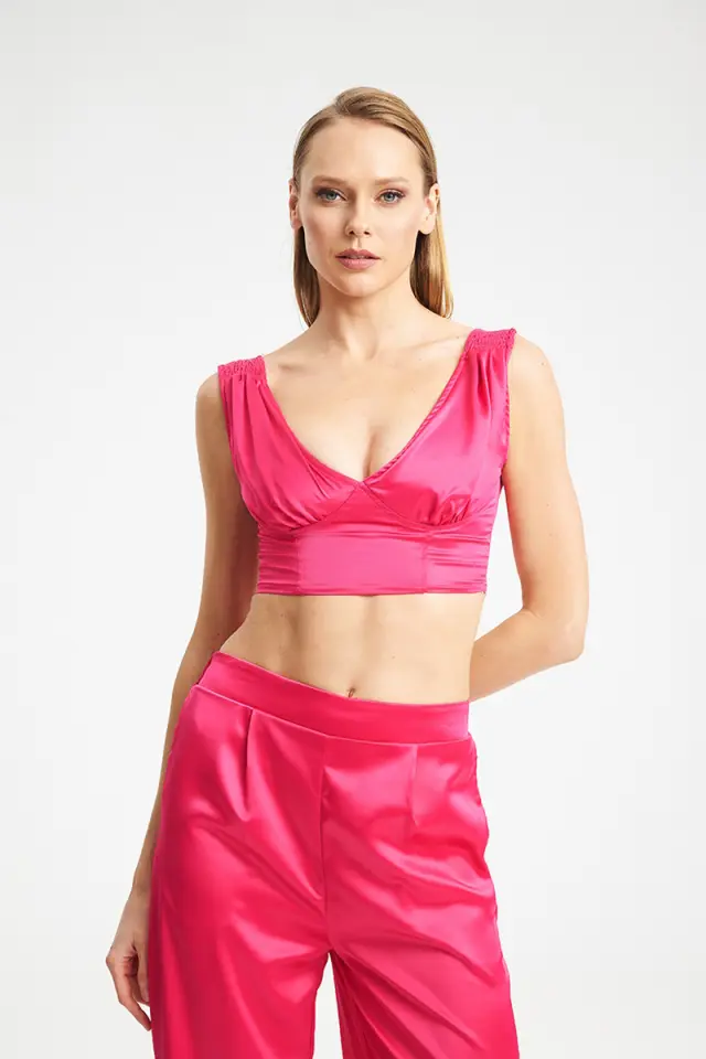Satin Crop Top με V Ντεκολτέ & Σούρες BESS TOP - XS 3