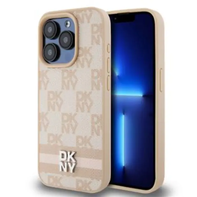 DKNY PU Leather Checkered Pattern and Stripe Case for iPhone 15 Pro Pink